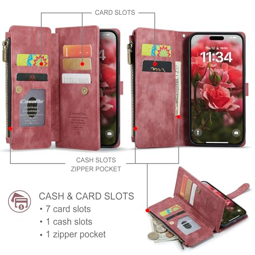 Compatible with iPhone 17 Wallet Case with Card Holder Kickstand Magnetic Zipper Pocket Lanyard Strap Wristlet,Leather Flip Case Wallet for iPhone 17 6.3 Inch (Red) - color: Red, size: iPhone 17 6.3 Inch