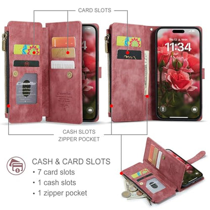 Compatible with iPhone 17 Wallet Case with Card Holder Kickstand Magnetic Zipper Pocket Lanyard Strap Wristlet,Leather Flip Case Wallet for iPhone 17 6.3 Inch (Red) - color: Red, size: iPhone 17 6.3 Inch