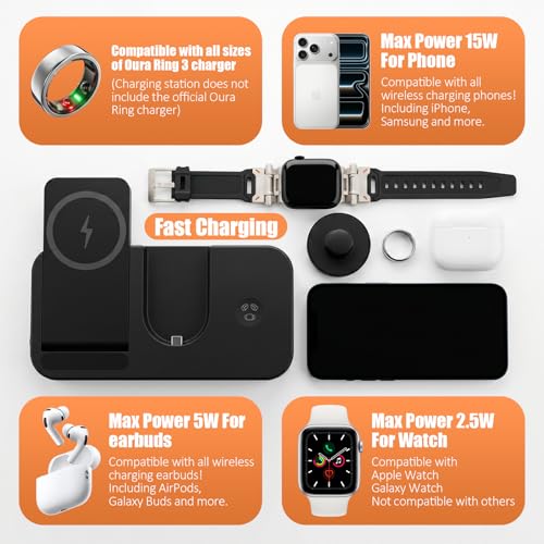 4 in 1 Charging Stand for Oura Ring Gen 3 Charger (Oura Ring Charger NOT Included), Fast Charger for iPhone, Apple Watch, AirPods, Magnetic Charger for Samsung Galaxy