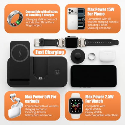 4 in 1 Charging Stand for Oura Ring Gen 3 Charger (Oura Ring Charger NOT Included), Fast Charger for iPhone, Apple Watch, AirPods, Magnetic Charger for Samsung Galaxy