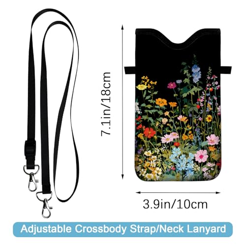 Neoprene Cell Phone Sleeve Pouch Case Bag with Crossbody Strap Neck Lanyard for Women 7.1 X 3.9 in Flowers Plants - color: Flowers Plants