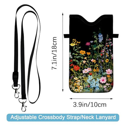 Neoprene Cell Phone Sleeve Pouch Case Bag with Crossbody Strap Neck Lanyard for Women 7.1 X 3.9 in Flowers Plants - color: Flowers Plants