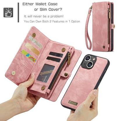 Compatible with iPhone 15 Plus Wallet Case with Magsafe,Pink | Magnetic Detachable Case,Card Holder,Zipper Pocket,Strap Wristlet, Soft Leather Drop-Proof Phone Case for iPhone 15 Plus - color: Pink, size: iPhone 15 Plus 6.7"