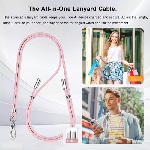 2-in-1 Phone Lanyard USB-C Charging Cable, 60W Fast Charge Braided Crossbody Strap, Adjustable Anti-Lost Cord - color: Pink
