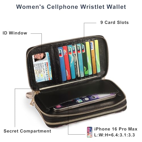 RFID Wallet for Women with Cellphone Pocket - Double Zipper Wristlet Purse Large Capacity, 17 Card Slots, Coin Pocket, ID Window, Effel Tower Flower - color: Beige Tower