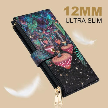 Travelambo RFID Wallet Women Large Size Bifold Multi Card Wallet Case with Zipper Pocke Credit Card Holder for Women - color: Black Mushroom