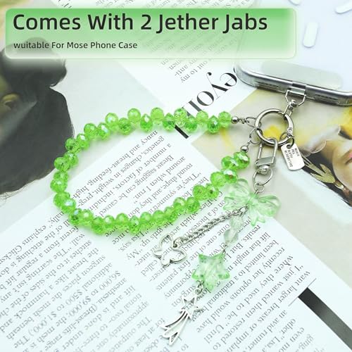 Crystal Beaded Phone Wrist Strap, Cute Cellphone Lanyard Chain, Bow Keychain Wristlet Bag Charms for Women - color: Green
