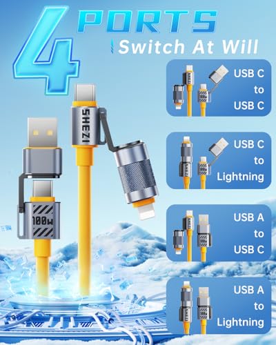 4 in 1 USB C Cable Lightning Cable,100W Fast Charging & Data Transfer - color: Yellow, style: 100W