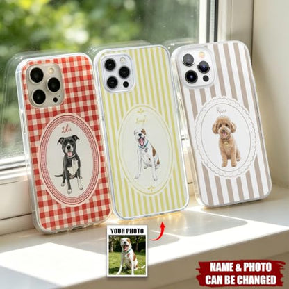 Custom Pet Portrait Watercolor Striped Pattern - Personalized Phone Case Custom Dog Cat Memorial Photo Picture Customized Transparent Slim Protective Smartphone Shell Cute Animal Art Gift