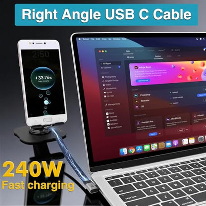 Duttek 80G Short USB C to USB C Cable 90 Degree 7.87inch, 240W/8K@60Hz Right Angle USB C Male to Male Flexible Flat Cable for Steam Deck, Laptop, Car, Gaming Setup - style: Side Angle to Vertical Angle 90 Degree USB C Cable