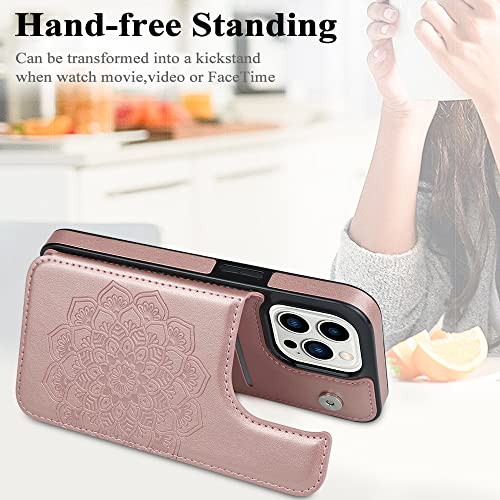 MMHUO iPhone 15 Pro Case, Magnetic Back Flip Wallet Case - Flower Pattern, Card Holder, Rose Gold - color: Rose Gold, size: Iphone 15 Pro 6.1"-(S)(Three Cameras)