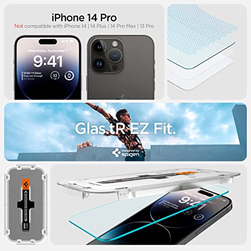Spigen GlasTR EZ FIT Screen Protector for iPhone 14 Pro | 9H+ Tempered glass, Scratch resistance, Auto-align tray, Lab-tested 100% clarity, Original touch, Case-friendly, 2 Pack - size: iPhone 14 Pro