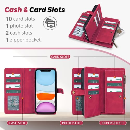 TwoHead for iPhone 11 Wallet case with 11 Card Holder (Wine Red) | Detachable Magnetic Phone Case, PU Leather Wallet for Women/Men,Wireless Charging Compatible,with Wrist Strap - color: Wine Red