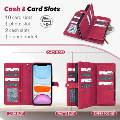 TwoHead for iPhone 11 Wallet case with 11 Card Holder (Wine Red) | Detachable Magnetic Phone Case, PU Leather Wallet for Women/Men,Wireless Charging Compatible,with Wrist Strap - color: Wine Red
