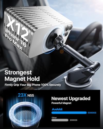 andobil for MagSafe Car Mount [85+LBS Strongest Suction & 2026 Military-Grade N55] Retractable Magnetic Phone Holder for Car Dashboard Windshield Vent, Car Phone Holder for iPhone 18 Pro Max 17 16 15 - style: Dash & Windshield