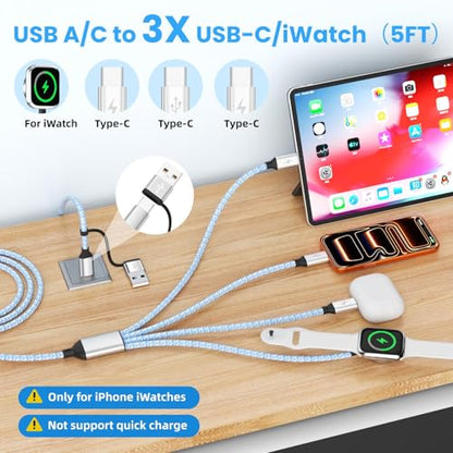 4in2 3 X USB C Cable Multi Charging Cable for iWatch Charger, 5FT - color: B1-Square, size: 1PCS&5FT