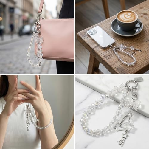 Crystal Beaded Phone Wrist Strap, Cute Cellphone Lanyard Chain, Bow Keychain Wristlet Bag Charms for Women - color: Bow/White