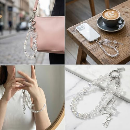 Crystal Beaded Phone Wrist Strap, Cute Cellphone Lanyard Chain, Bow Keychain Wristlet Bag Charms for Women - color: Bow/White