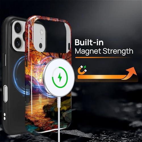 Magnetic Phone Case for iPhone 17 Pro,Compatible with MagSafe,Durable 2 Layers Full Covered Shockproof Protective Cover-Stained Glass Sunrise Fall Leaves - color: Stained Glass Sunrise Fall Leaves, size: iPhone 17 Pro