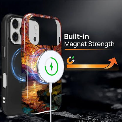 Magnetic Phone Case for iPhone 17 Pro,Compatible with MagSafe,Durable 2 Layers Full Covered Shockproof Protective Cover-Stained Glass Sunrise Fall Leaves - color: Stained Glass Sunrise Fall Leaves, size: iPhone 17 Pro