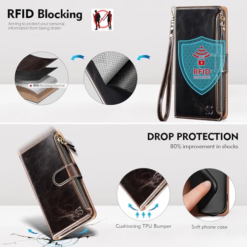 Shieldtop Compatible with Samsung Galaxy A37 5G Wallet Case with Card Holder,PU Leather Phone Case Flip Protective Cover Wrist Strap Zipper Credit Card Slots RFID Blocking Women Men,Coffee - color: Coffee