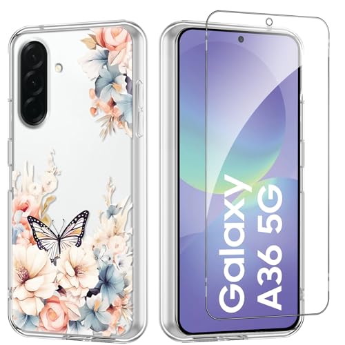 Flower Phone Case Floral for Samsung Galaxy A36 6.64'' with Screen Protector, Clear Transparent Phone Cover Slim Soft Shockproof Anti-Scratch Drop Protection Funda for Girls Women - color: Yellow Peony, size: Samsung Galaxy A36