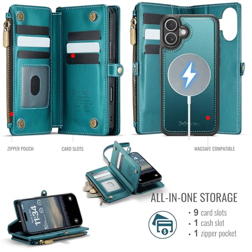 Defencase for iPhone 17 Phone Case Wallet Compatible with Magsafe, Green | Magnetic Detachable, Drop-Proof Protective Wallet Cases Cover, with RFID Bolcking Card Holder, Zipper Strap, Soft PU Leather - color: (Detachable with Magsafe)-Blue Green