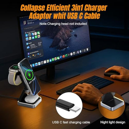 Wireless Charging Station 3 in 1 for Apple Devices, Foldable Magnetic MagSafe Charger Stand, Portable Fast Travel Charger for iPhone Duo/18 Pro Max/17 Air/16/15/14/13/12/11/Apple Watch Series/Airpods