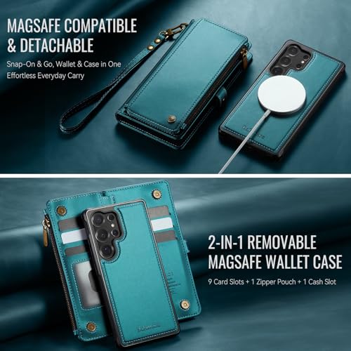 Defencase for Galaxy S25 Ultra Case Wallet Compatible with Magsafe, Green | Magnetic Detachable, RFID Bolcking Card Holder, Zipper Strap, PU Leather Drop-Proof Phone Cover for Samsung Galaxy S25 Ultra - color: (Detachable with Magsafe)-Blue Green