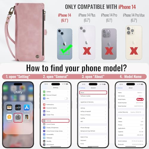 Defencase for iPhone 14 Wallet Case with RFID Blocking Card Holder, Pink | Durable Soft PU Leather, with Zipper Pocket, Wrist Strap, Fashion Snap Flip Phone Cases Cover with Stand for Women and Men - color: Rose Pink