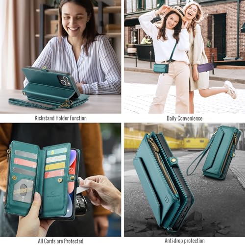 Strapurs Wallet Case Compatible with iPhone 14 Plus RFID Blocking 10-Card Holder Soft PU Leather Magnetic Snap Shoulder Strap Zipper Pocket Phone Case Fit for iPhone 14 Plus 6.7" - Blue Green | RFID Blocking 10-Card Holder, Shoulder Lanyard, Wirst Strap,