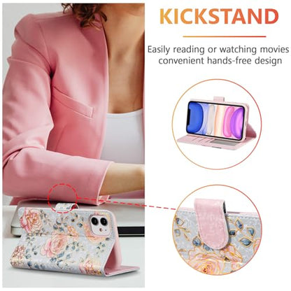 UEEBAI Wallet Case for iPhone 12/iPhone 12 Pro 6.1 inch, PU Leather Case Kickstand RFID Blocking Flip Case Card Slots Wrist Strap Relief Engraved Pattern Magnetic Closure Folio Case, Purple Rose - color: Purple Rose, size: iPhone 12/iPhone 12 Pro 6.1 inch