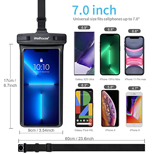wellhouse Waterproof Phone Pouch, Waterproof Phone Case for iPhone 17 16 15 14 13 Pro Max XS Samsung, IPX8 3D Cellphone Dry Bag Beach Essentials (1 Pack - Black7.0, 7 inch) - color: 1 Pack - Black7.0"