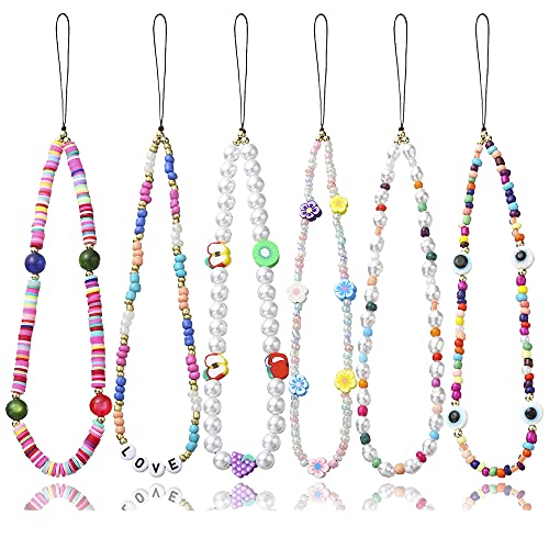 6PCS Beaded Phone Charms Strap Fruit Star Faux Pearl Rainbow Beads Phone Chains Beaded Lanyard for Camera Key Wallet Valentines Day Gifts for Her Women - style: Style6-5
