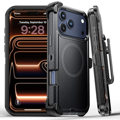 Lanhiem for iPhone 17 Pro Max Magnetic Case with Belt Clip Holster, [Compatible with Magsafe] Heavy Duty Rugged 3 Layer Drop Protection Cell Phone Cover, Anti-Drop with 360° Rotating Kickstand Black
