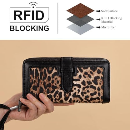 X Wrangler Women's Wallets Bifold Wristlet Wallets for Women Large Capacity Credit Card Wallet with ID Window - color: Leopard Black