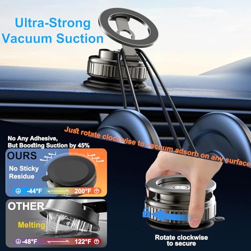 Magnetic Phone Holders for Your Car, [80+LBS Strongest Suction & 2400gf Magnetic] 360° Adjustable Vacuum Suction Cup Car Cell Phone Holder Mount Compatible for MagSafe iPhone Android Phone
