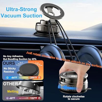 Magnetic Phone Holders for Your Car, [80+LBS Strongest Suction & 2400gf Magnetic] 360° Adjustable Vacuum Suction Cup Car Cell Phone Holder Mount Compatible for MagSafe iPhone Android Phone