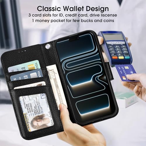 Arae Compatible with iPhone 17 Pro Case Wallet with Card Holder, Wristlet Strap Wallet Flip Cover for iPhone 17 Pro 6.3 inch Men/Women, RFID Blocking, Kickstand Litchi Black - color: Litchi Black, size: iPhone 17 Pro 6.3 inch