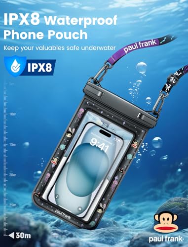 Paul Frank Waterproof Phone Pouch Floating, 2 Pack IPX8 Waterproof Phone Case with Lanyard for iPhone 17 16 15 14 Pro Max Galaxy S25 S24, Cellphone Dry Bag Beach Cruise Ship Essentials(up to 8.5") - color: Black&Black