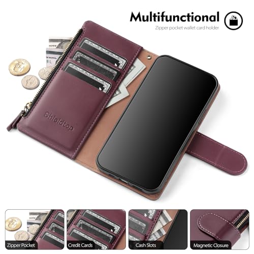 Shieldtop Compatible with Samsung Galaxy A37 5G Wallet Case with Card Holder,PU Leather Phone Case Flip Protective Cover Wrist Strap Zipper Credit Card Slots RFID Blocking Women Men,Wine Red - color: Wine Red