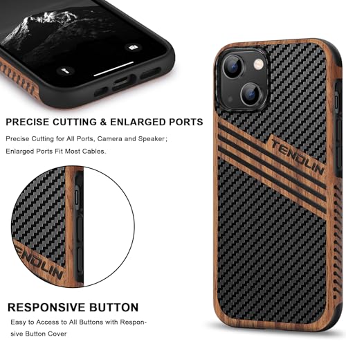 TENDLIN Magnetic Case Compatible with iPhone 14 Case Wood Grain with Carbon Fiber Texture Design Leather Hybrid Slim Cover (Compatible with MagSafe) Three Stripe - color: Magnetic Three Stripe, size: iPhone 14
