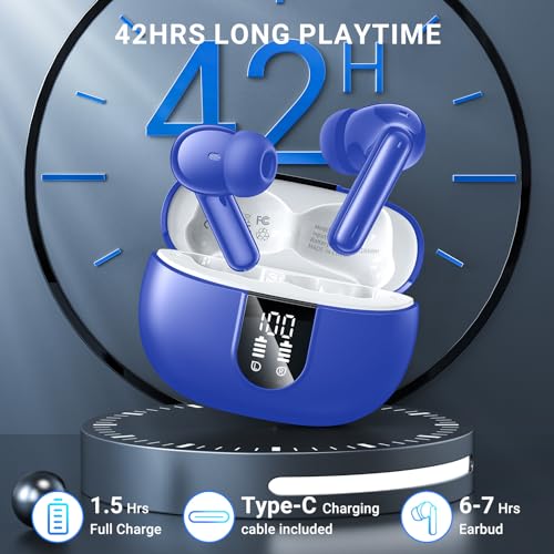 Wireless Earbuds, 2024 Wireless Headphones HiFi Stereo Earphones with 4 ENC Noise Canceling Mic, 42Hs Playtime In Ear Earbud, Bluetooth 5.3 Sport Earphones with LED Power Display for Android iOS Blue - color: Blue