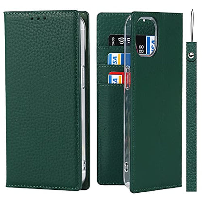 iCoverCase Compatible with iPhone 13 Wallet Case, RFID Blocking Genuine Leather Magnetic Case with Wrist Strap and Card Slots Kickstand Feature Flip Cover 6.1 Inch (Green) - color: Green, size: iPhone 13