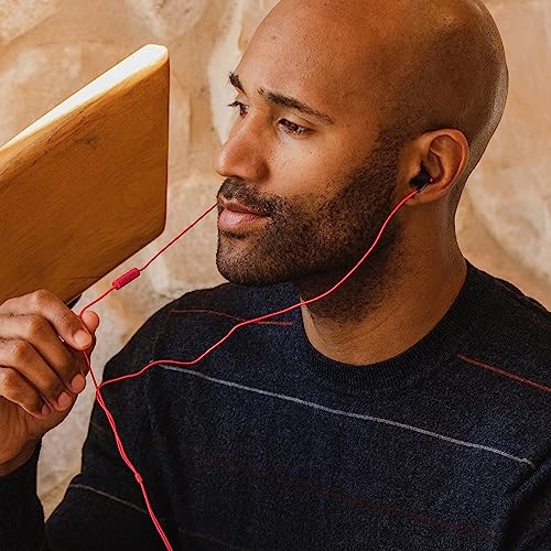 Panasonic ErgoFit Wired Earbuds with Microphone, 3.5mm Jack Headphones with Mic and Call Controller, Ergonomic Custom-Fit Earpieces (S/M/L), for Phones and Laptops - RP-TCM125-KB (Matte Black/Red) - color: Matte Black/RED, size: S/M/L, style: With Mic