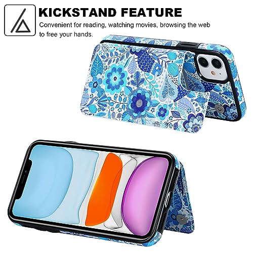 HAOPINSH for iPhone 11 Wallet Case with Card Holder, Blue Flower Bird Pattern Back Flip Case PU Leather Kickstand Card Slots Case for Women Girls, Double Magnetic Clasp Shockproof Cover 6.1" - color: Blue Flower Bird