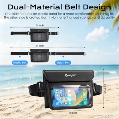 Rynapac 2 Pack Waterproof Fanny Pack, IPX8 Double Space Phone Pouch Dry Bag | Touch Screen, Waterproof Bags for Phone Passport Wallet Purse Women Men, Beach Cruise Swimming Kayaking Essentials - color: Black+Black