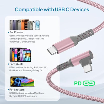 Elebase Right Angle USBC Charger Cable 6.6FT with USB Adapter Pink - color: Angled-Pink, size: 6.6 FT