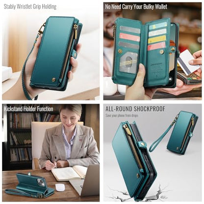 Defencase for iPhone 14 Plus Wallet Case with RFID Card Holder, Blue Green | Durable Soft PU Leather, with Zipper Pocket, Wrist Strap, Fashion Snap Flip Phone Cases Cover with Stand for Women and Men - color: Blue Green