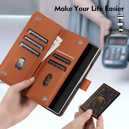 Shieldtop Compatible with Samsung Galaxy Z Fold 3 Wallet Case with Card Holder,Women Man RFID Blocking PU Leather Flip Shockproof Protective Cover Credit Card Holder Slots Kickstand,Light Brown - color: Light Brown, size: Samsung Galaxy Z Fold 3
